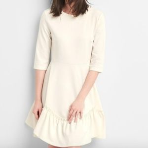 GAP  Off White 3/4 Sleeve Ruffle-Hem Ponte Dress